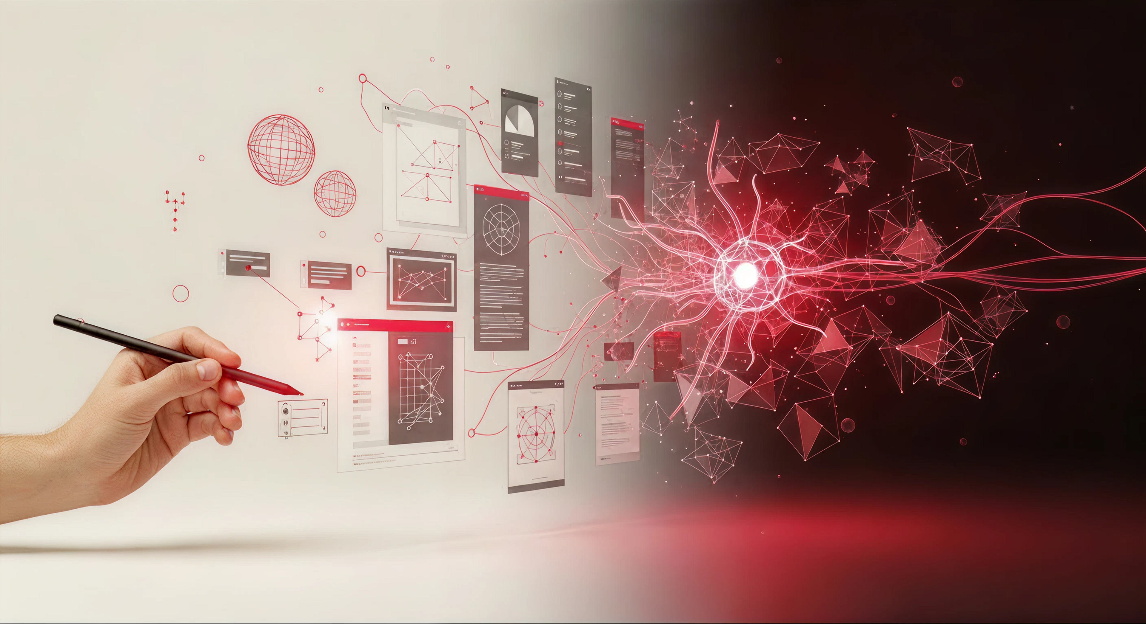 A human hand holding a stylus pointing toward floating UI wireframes and design screens on the left, which dissolve into a glowing red neural network and 3D geometric shapes on the right, representing the intersection of human creativity and artificial intelligence in product design.