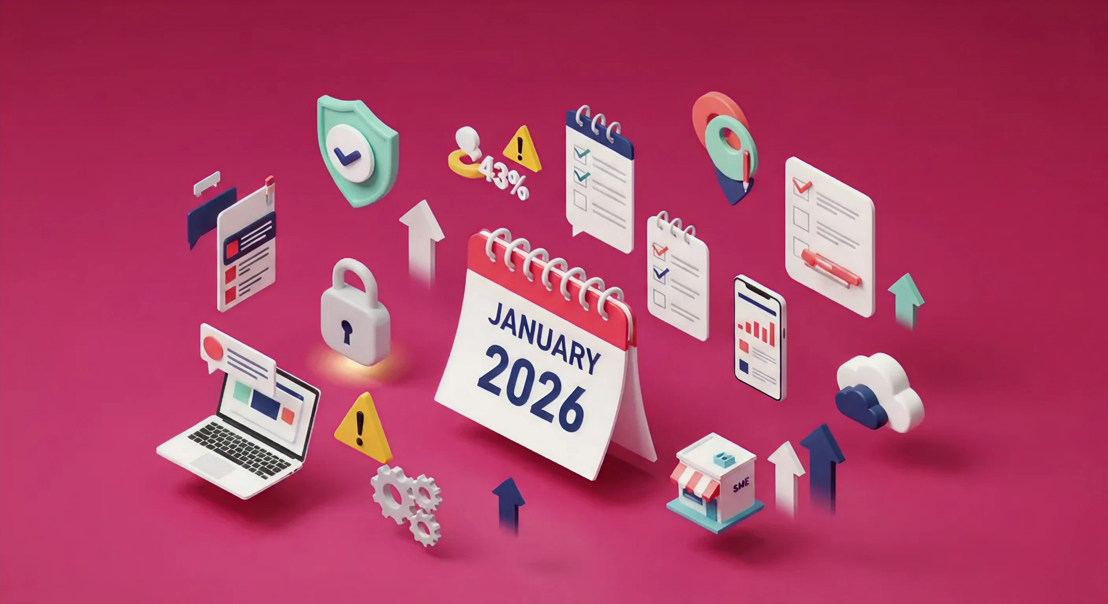 January 2026 calendar with digital tools, analytics, and security icons symbolizing Q1 business digital readiness