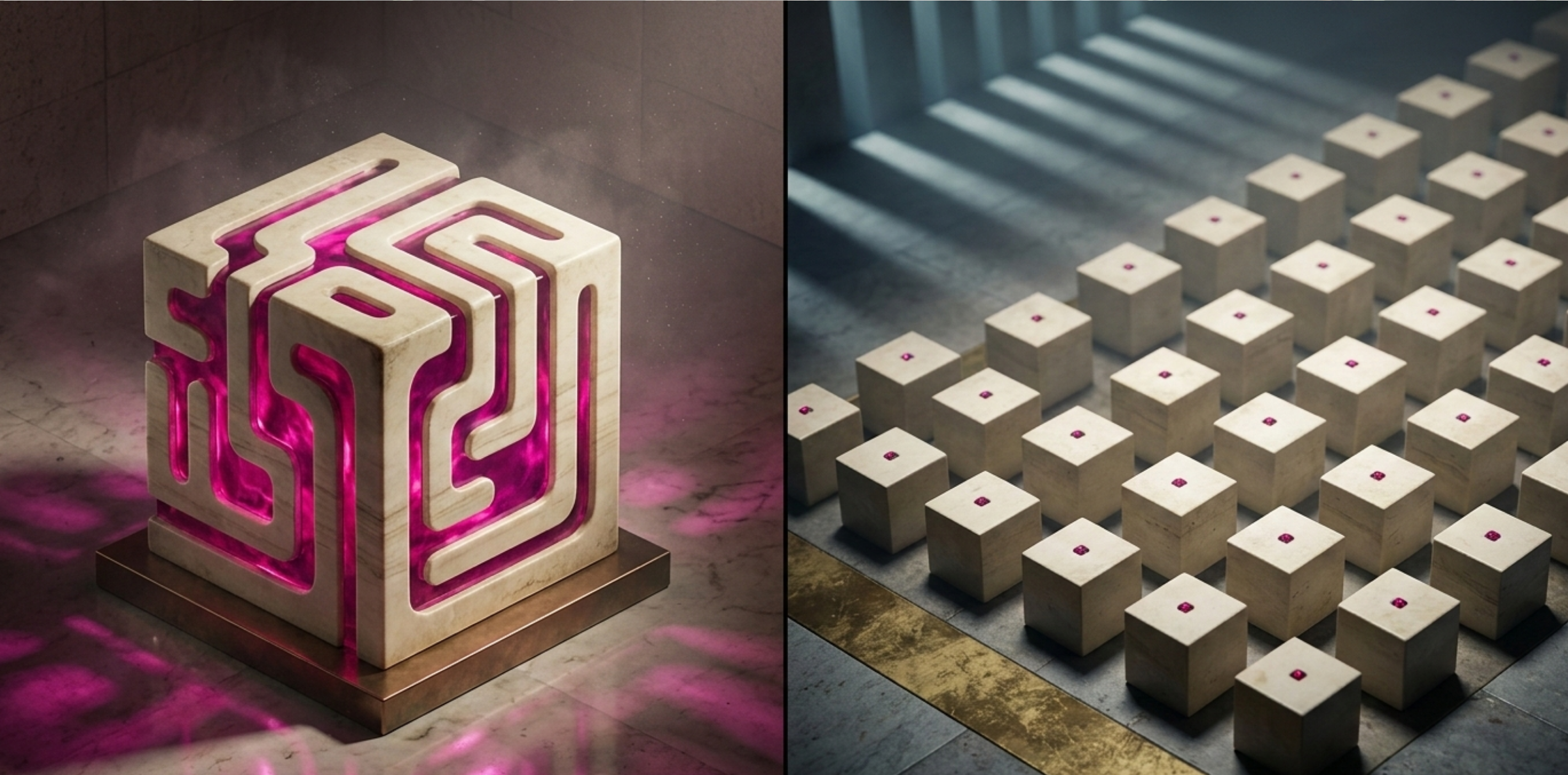 Abstract marble cube with glowing pink maze channels beside rows of identical stone cubes, representing the complexity of off-the-shelf software versus the structured clarity of custom software development