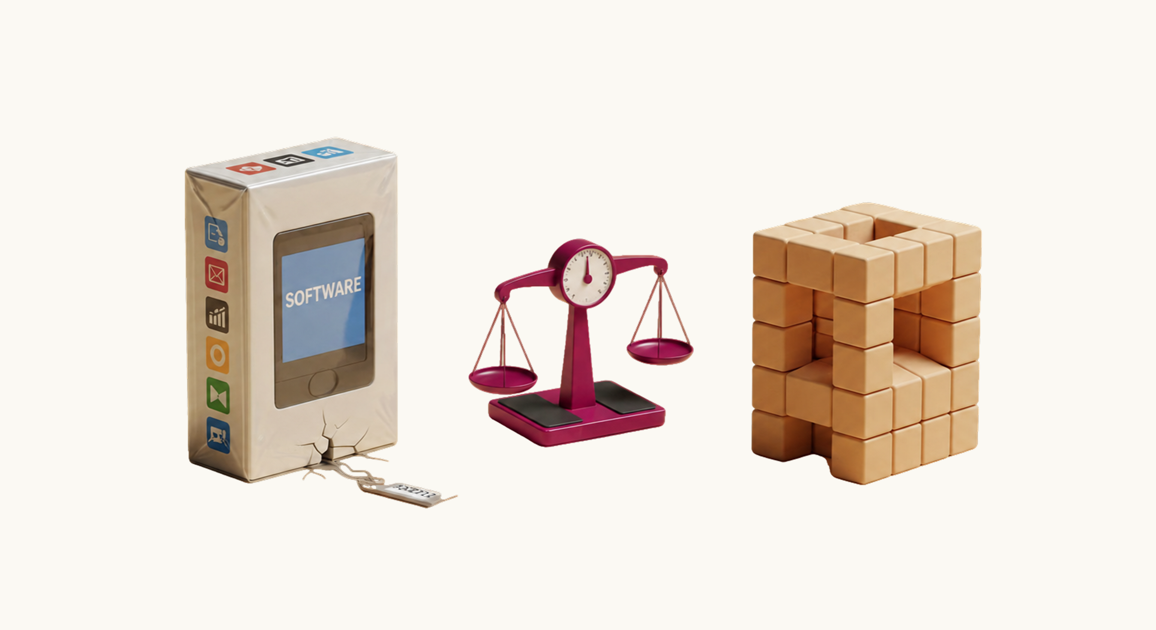 A 3D illustration showing a pre-packaged software box and a custom-built structure on opposite sides of a balanced scale, representing the build vs buy decision facing African businesses.