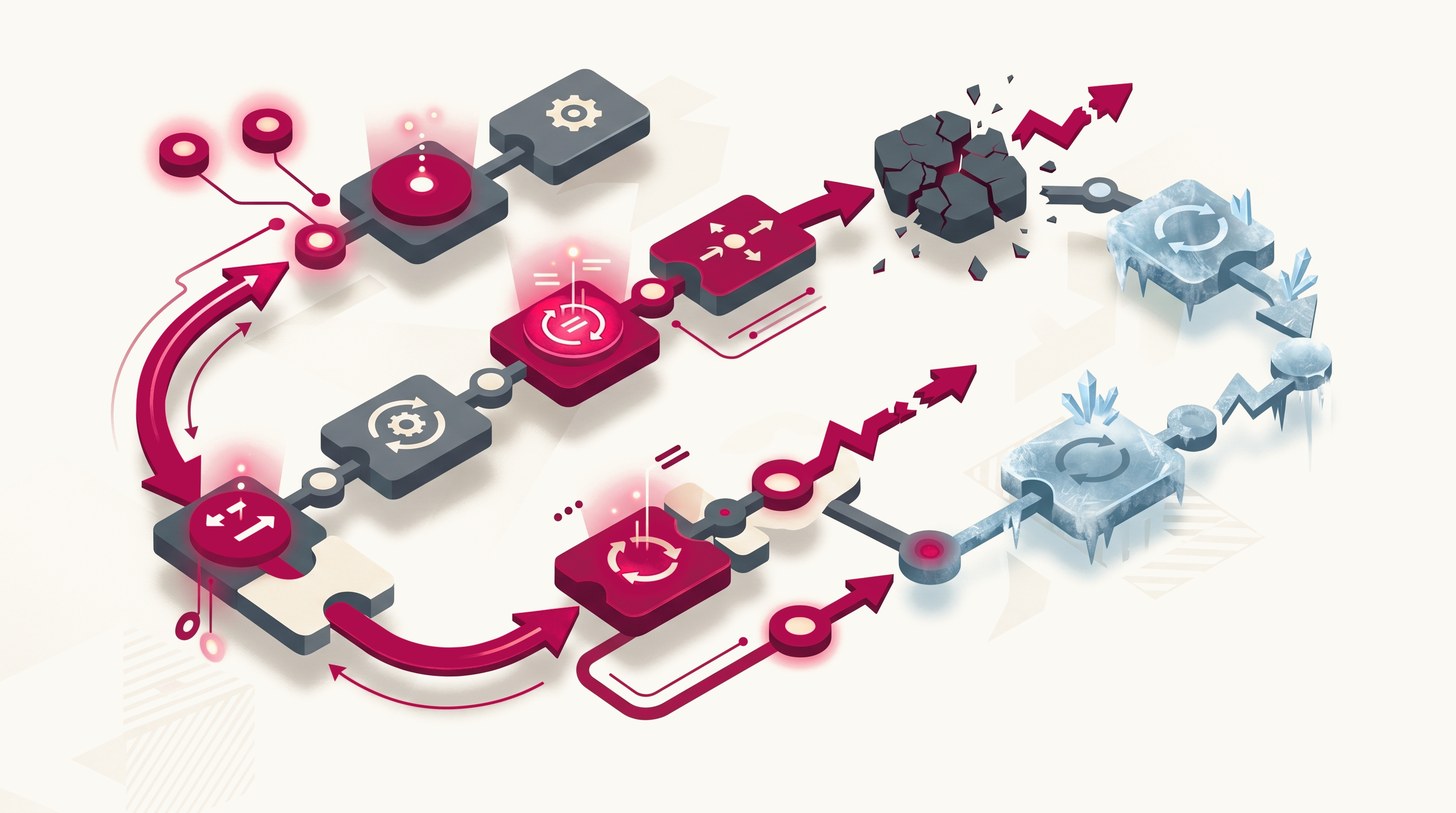Abstract illustration of interconnected workflow nodes and arrows forming a loop, with some nodes glowing in deep crimson and others appearing cracked or inactive, representing both functional and broken business automation processes